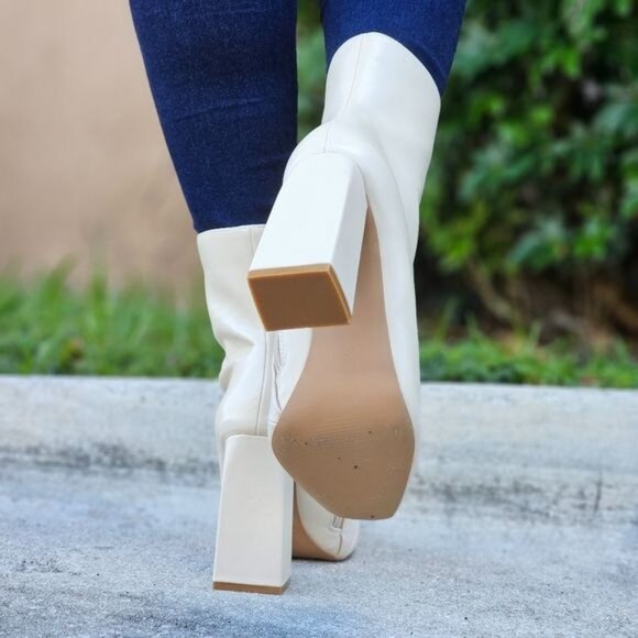 Women Square Toe Chain Bit Buckle Block Heel Bootie White Color - Picture 7 of 7